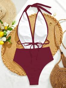 Swim Chiccia 女士纯色连体泳衣，适合海滩度假和夏季穿着 - 酒紅色 - 查看 4