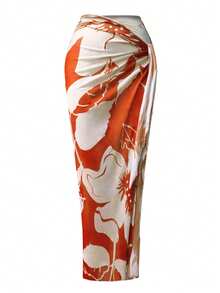 Swim Oasis 2pcs/Set Women One-Piece Solid Color Ruched Monokini With Printed Sarong - Orange - View 4