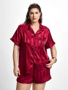 Slumbrini Plus Size Striped Jacquard Faux Silk Red Elegant Heart & Word Embroidered Short Sleeve Top & Shorts Robe Sleepwear Set Halloween Lingerie,Red - Red - View 5