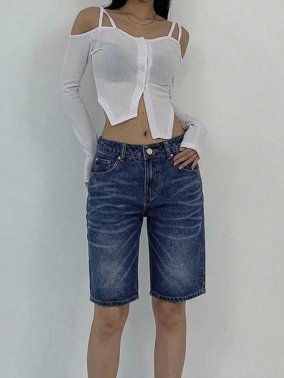 Women's Pocket Button Casual Versatile Daily Everyday Travel Denim Shorts Y2K Summer Weekend Navy Blue