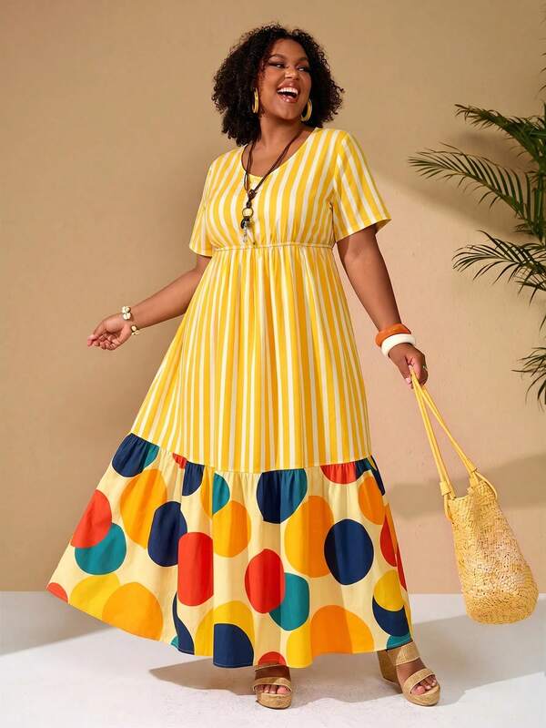 BrightlyHer Plus Size Women's Round Neck Striped Geometric Print Casual Daily Summer Dress Beach Dress Autumn