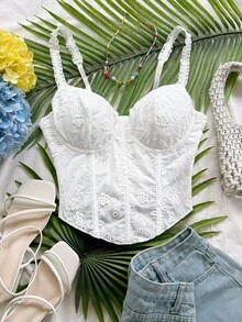 Soleia 女款燒花刺繡休閒百搭日常穿著細肩帶背心上衣 - 白色 - 查看 5