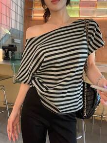 DAZY 女款條紋不對稱領蝙蝠袖短袖T恤 外出上衣 - 灰色 - 查看 8