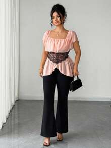 SHEIN Clasi Women's Ruffle Ruffle Lace Patchwork Asymmetrical Hem Chiffon Flowy Blouse For Vacation, Date Going Out And Party Red Summer Elegant Celestial - Dusty Pink - View 4
