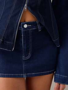 SHEIN BAE 女款時尚百搭鈕扣牛仔迷你裙 - 深色水洗藍 - 查看 3