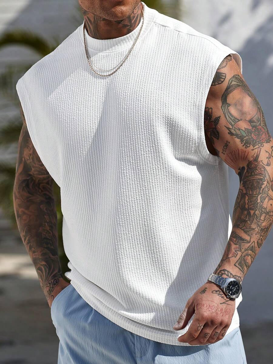 Manfinity Homme Camiseta casual de manga corta y cuello redondo de unicolor para hombre, uso diario, vacaciones - Blanco - Ver 1
