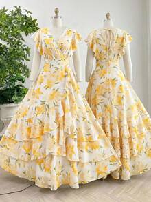 Reflora Plus Size Women's Vacation Floral Print Ruffle Short Sleeve Elegant Multi-Layered Ruffle Hem Dress All White Summer Party Wedding Guest - Yellow - View 9
