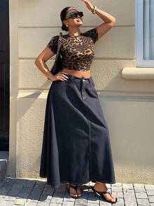 Dazy Plus Rok Denim Vintage Panjang Model A-Line Biru Tua Ukuran Plus untuk Wanita, Musim Semi, Musim Panas, dan Musim Gugur. - Dark Wash - View 5