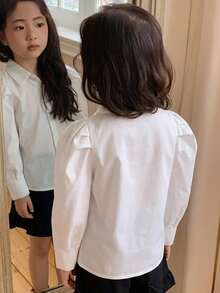 Hapijoa 少女休閒百搭純色花瓣袖夏季上衣 - 白色 - 查看 5