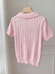 GalTyme Plus Size Sequin Decor Short Sleeve Sweater, Casual For Spring & Summer Fall - Pink - View 2
