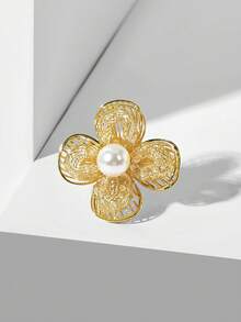 MOTF PREMIUM Anillo de flor hueca con apertura chapado en oro de 18K, nueva joyería de moda para mujer - Amarillo Oro - Ver 2
