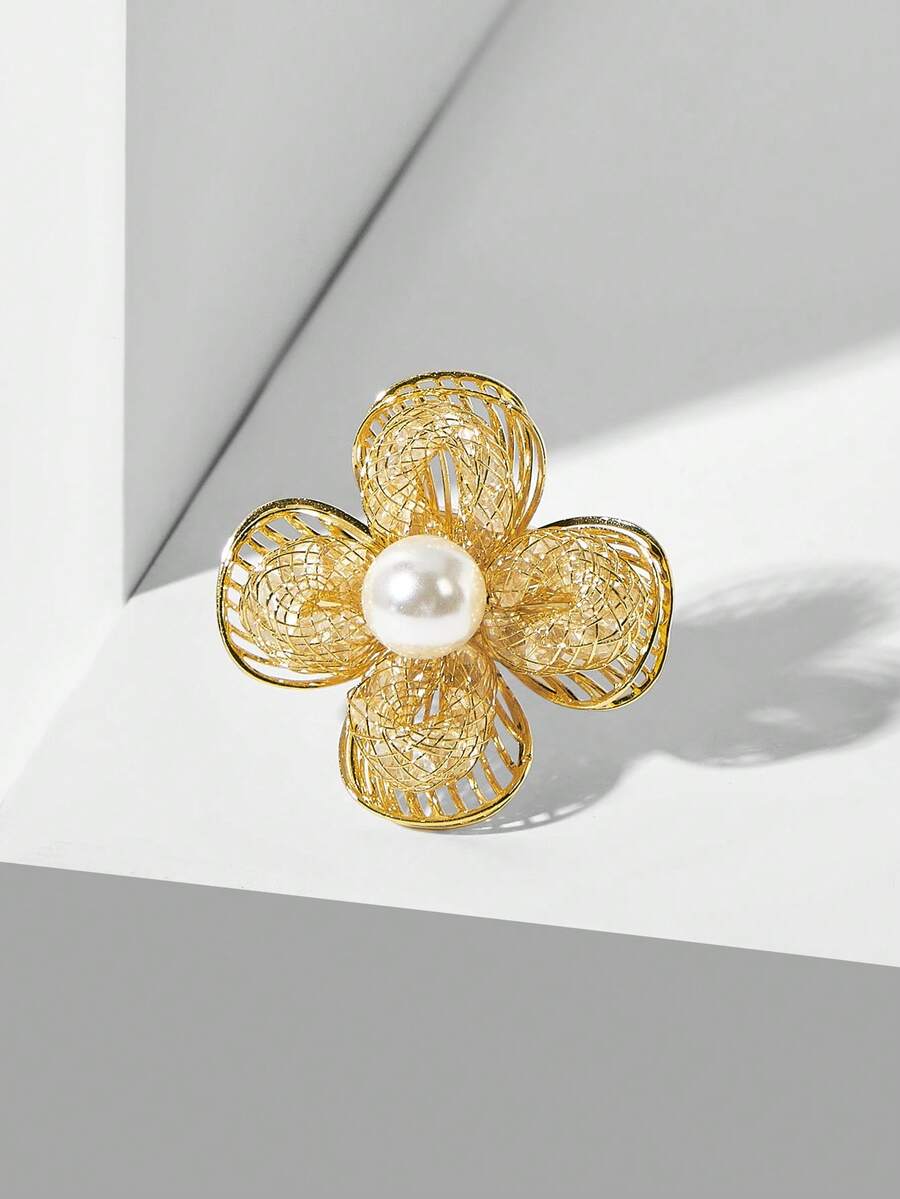 MOTF PREMIUM Anillo de flor hueca con apertura chapado en oro de 18K, nueva joyería de moda para mujer - Amarillo Oro - Ver 2