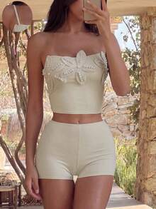 Bonvoyette Damen einfarbiges Stoff-Tanktop mit Blumenakzent, Bandeau-Bauchkontroll-Top und quadratische Shorts, 2 Stücke Badeanzug-Set für tägliche Strandpartys, lässige Urlaube, einfach und elegant - Khaki - Übersicht 3