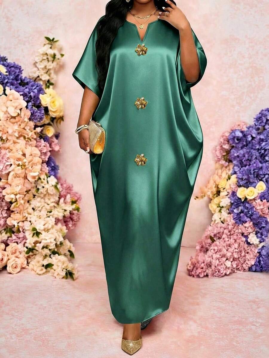 SHEIN Lady 女款度假風優雅大尺碼深綠色緞面長洋裝 時尚V領蝙蝠袖卡夫坦裝 綴飾設計 正式婚禮晚餐夏季穿搭 - 綠色 - 查看 1