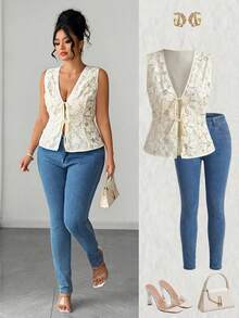 GlowEve CURVE Plus Size Floral Sequin Embroidered Mesh Fabric Patchwork Solid Color Fabric V-Neck Sleeveless Cinched Waist A-Line Multi-Layer Tie Front Structure Blouse Elegant Casual Commute Date Party Holiday Blouse - Apricot - View 6