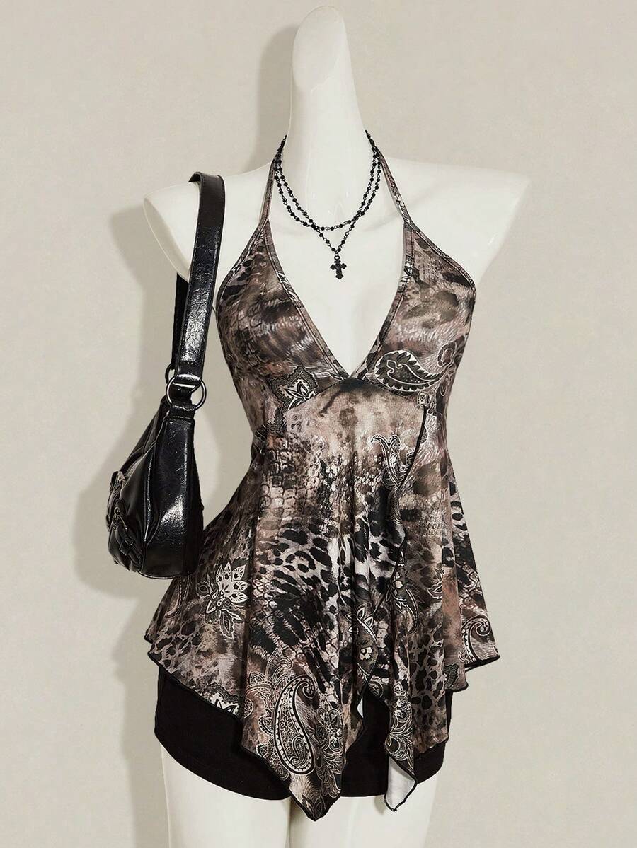 SHEIN ICON 豹紋與佩斯利印花露背掛脖上衣 - 棕色 - 查看 1
