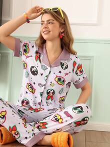 Chillnights THE POWERPUFF GIRLS X SHEIN Flying Police Woman Co-Branded Lapel Trim Women's Loungewear Set - Multicolor - View 4