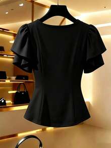 GlowEve CURVE Plus Size Women's Apricot Solid Color V-Neck Waist A-Line Design Elegant Blouse, Suitable For Professional, Formal, Casual, Travel, Party, Spring/Summer - Black - View 2