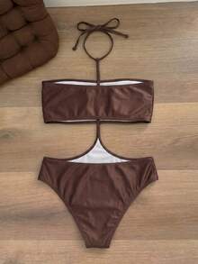 Swim Vcay 2026 Women's Elegant Vacation One-Piece Swimsuit, Halter Neck Design With Front Trim Decoration, Suitable For Back To School Season, Graduation Season, Beach And Vacation Wear - Coffee Brown - View 2