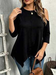 EMERY ROSE Camiseta de hombros descubiertos con dobladillo asimétrico para mujer de talla grande - Negro - Ver 3
