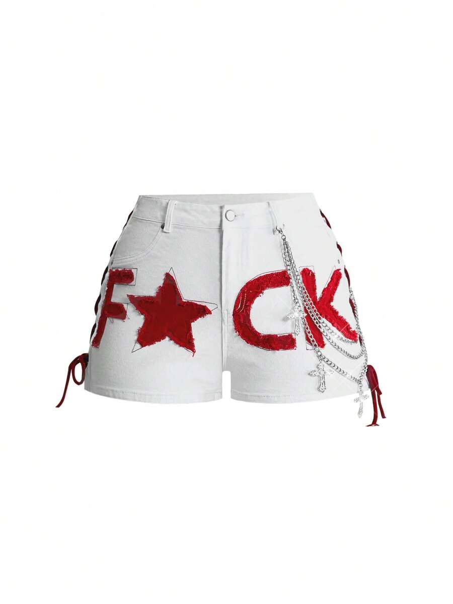 ROMWE J-Fashion Plus Size Women Sexy Hot Girl Denim Shorts With Letter Patchwork And Chain Decoration, Suitable For Dating, Vacation, Party, Beach, Daily Wear, Gathering, Outdoor Activities, Street Style - White - View 1
