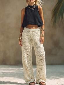 SHEIN PariChic Spring Summer Apricot Diamond Weave Knit Flare Pants Women Scalloped Waist Drawstring Boho Tropical Vacation - Apricot - View 7