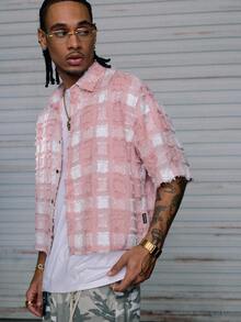 AXEPEAK 男士格纹梭织短袖短款衬衫，适合夏季 - 粉色 - 查看 7