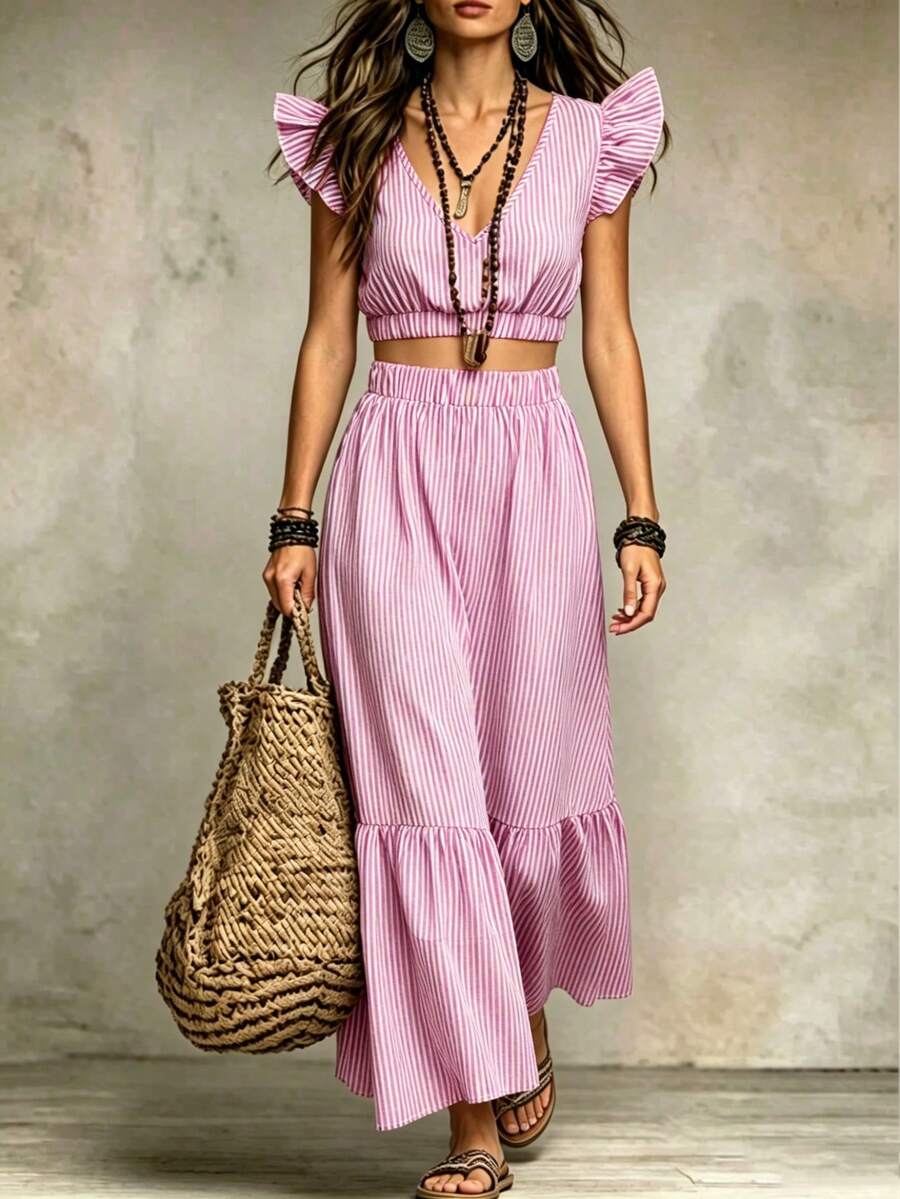SHEIN LUNE 女款夏季V領荷葉袖條紋套裙,夏季服飾,女款沙灘裝,藍白條紋套裙,女款度假裙,夏季休閒裙,女款藍色長套裙,戶外服飾 - 粉色 - 查看 1