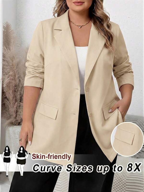 SHEIN CURVE+ Plus Size Women's Solid Color Lapel NeckLong Sleeve Single-Breasted Casual Blazer