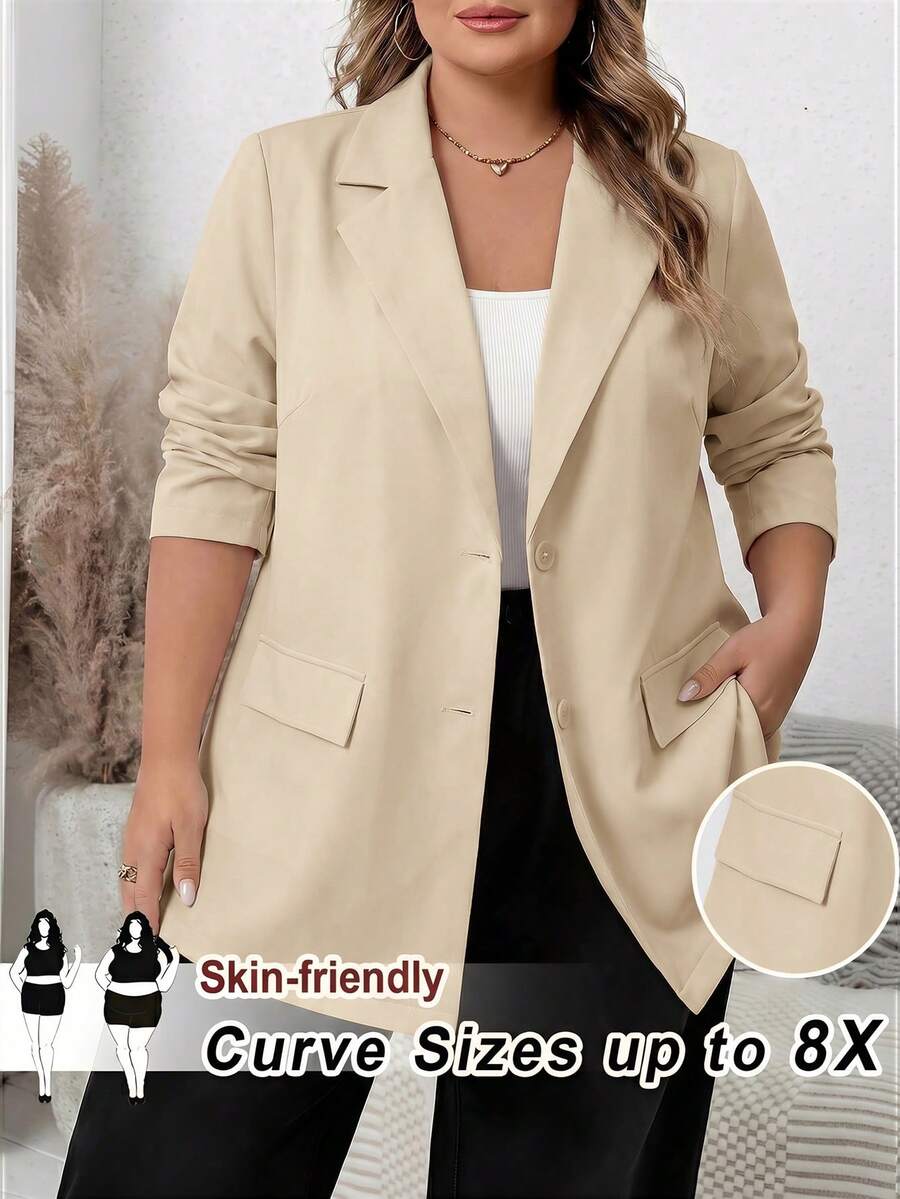 SHEIN CURVE+ 大尺碼女款純色翻領長袖單排扣休閒西裝外套 - 杏色 - 查看 1