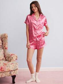 Elorette Imitated Silk Heart Print Short Sleeve Top And Shorts Pajamas Set - Hot Pink - View 3