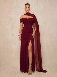 Lumalex Elegant Gray Minimalist Off Shoulder Ruched Asymmetric A-Line High Slit Dress, Suitable For Weddings, Formal Events, Galas, And Cocktail Parties Party - Burgundy - View 3