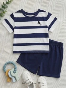 Cozy Pixies 兒童男嬰針織條紋上衣 + 寬鬆短褲 2件套，休閒百搭日常派對出遊親子套裝 - 藍白色 - 查看 5