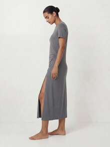 Ocili Studio Women's Spring/Summer Basic Casual Minimalist Ruched Side Slit Design Grey Knit Dress, Loungewear - Dark Grey - View 5
