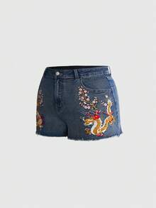 ROMWE Grunge Punk Plus Size Women's Vintage New Chinese Style Embroidered Frayed Denim Shorts - Blue - View 5