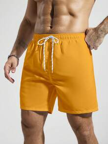 Manfinity KASUA Men's Solid Color Drawstring Waist Pocket Casual Beach Shorts - Yellow - View 3
