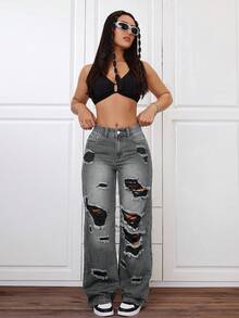SHEIN ICON Damen-Jeans in großen Größen für den Sommer, avantgardistischer Streetstyle, mit Destroyed-Effekt und geradem Bein - Grau - Übersicht 4