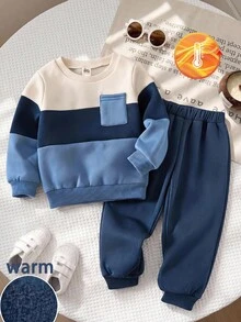 LMoss Kids 兒童男童 2件組配色針織軟綿長袖套頭衛衣與鬆緊腰抓絨內裡加厚秋季長褲，適合冬季 - 彩色 - 查看 3