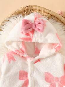 SHEIN 嬰兒粉色蝴蝶結連帽套裝，抓絨連腳新生兒套裝 - 粉色 - 查看 5