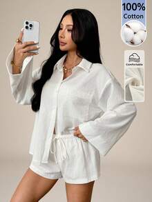 SHEIN PETITE 女款夏季新款休閒度假白色編織襯衫短褲套裝，舒適兩件套，適合嬌小女性 - 白色 - 查看 11