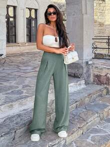 EURMUSE Casual Versatile Solid Color Wide Leg Pants - Mint Green - View 4