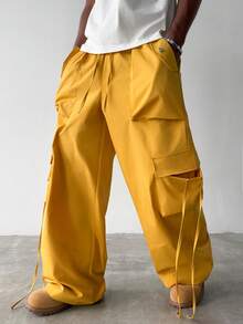 PAVTROS Men's Solid Color Drawstring Waist Cargo Pocket Wide Leg Casual Pants - Yellow - View 7