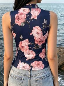 SHEIN 女款夏季休閒花卉印花背心上衣 - 藏蓝色 - 查看 2