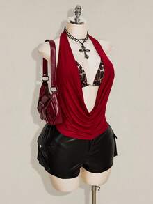 SHEIN ICON 女款大尺碼復古性感個性化休閒 Y2K 都市現代風紅色巧克力棕色細肩帶背心豹紋綁帶式內衣兩件組夏季 - 酒紅色 - 查看 6