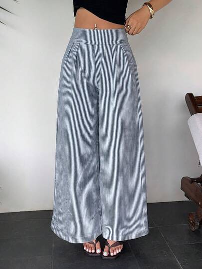 SHEIN PETITE Jeans de mezclilla de pierna ancha con cintura plisada a rayas de estilo bohemio casual de verano para mujeres, para salidas, citas y vacaciones