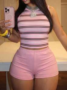 Slaydiva 女款圓領條紋上衣與短褲休閒日常兩件套 - 彩色 - 查看 4