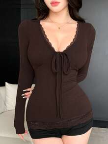 Joudiya Autumn Brown Lace Trim Patchwork Slim Fit Base Layer T-Shirt Elegant Women's Long Sleeve - Brown - View 5