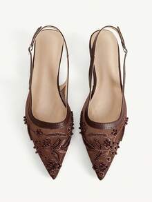 CUCCOO CHICEST 女款多色網布刺繡珠飾尖頭低跟後扣帶涼鞋，溫柔仙女風，春夏款，適合婚禮 - 深棕色1 - 查看 2