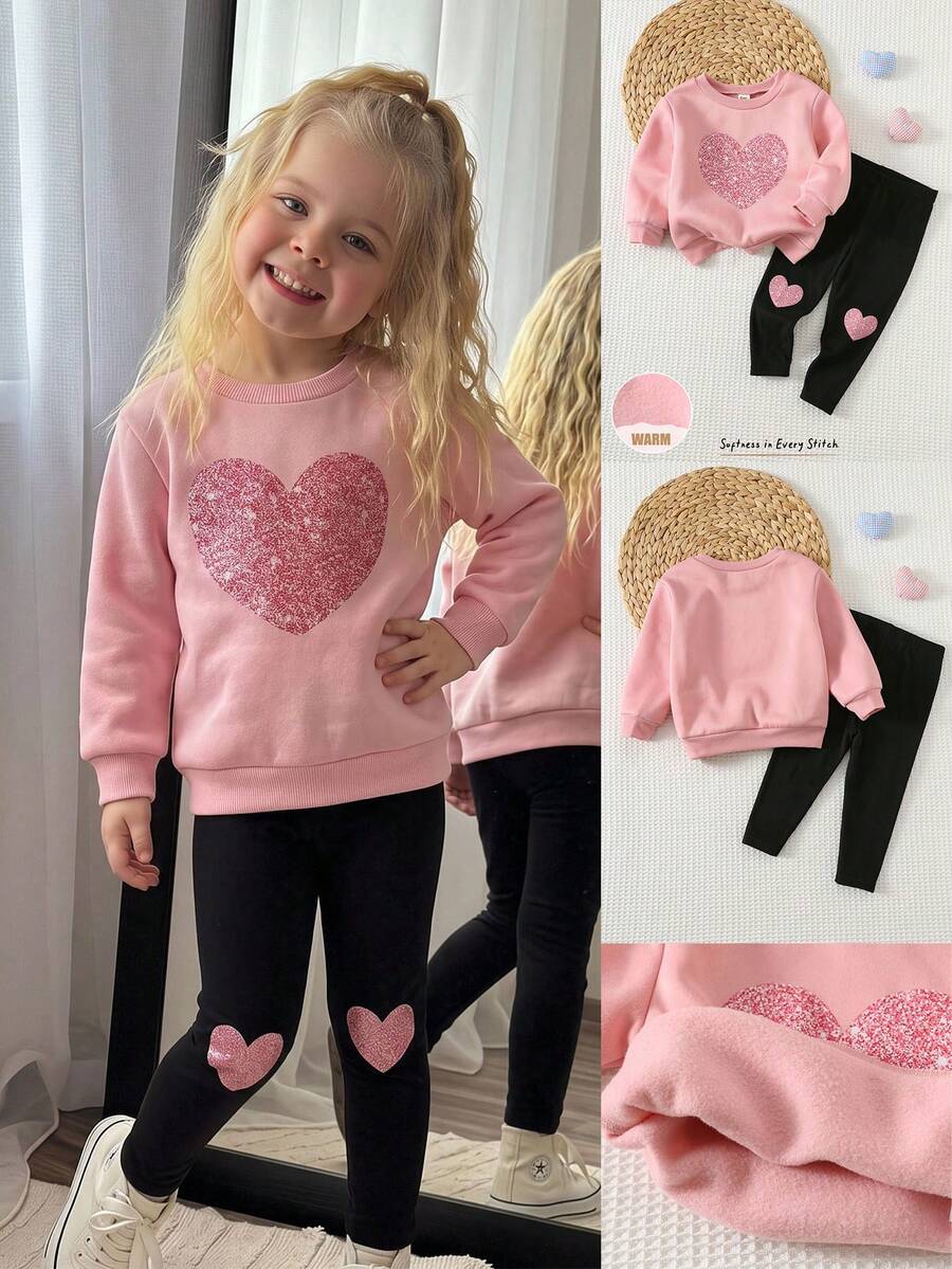 Emery Rose Kids Emery Rose Kids 2件組女童少女心形印花落肩秋季運動衫與鬆緊腰打底褲套裝,甜美女孩軟萌開學穿搭套裝 - 淺粉色 - 查看 1