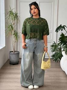 SHEIN EZwear 大尺碼女款網紗拼接性感透視休閒T恤 - 綠色 - 查看 5